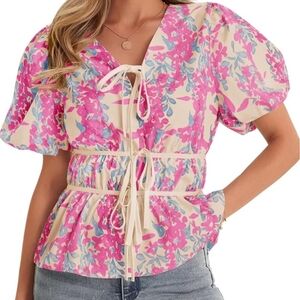 Cicy Bell Elegant Pink, Blue, and Cream Floral Blouse